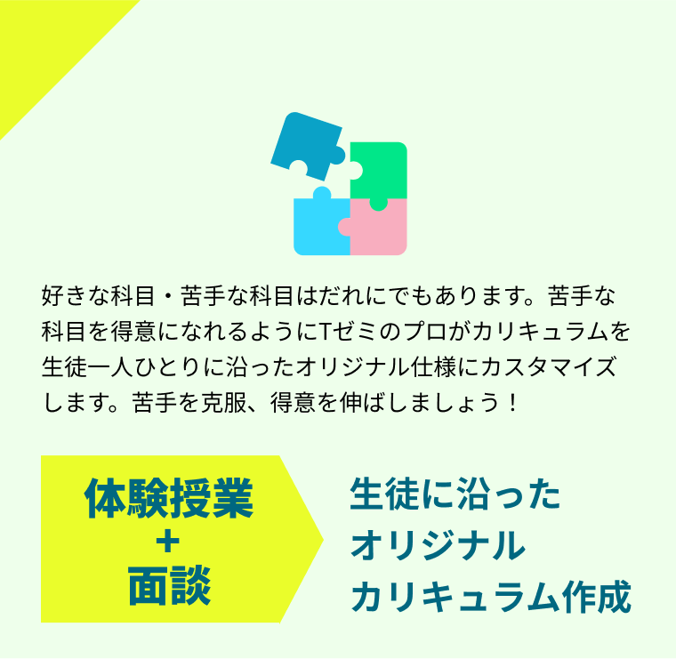 生徒に沿ったオリジナルカリキュラムを作成! 好きな科目・苦手な科目はだれにでもあります。苦手な科目を得意になれるようにTゼミのプロがカリキュラムを生徒一人ひとりに沿ったオリジナル仕様にカスタマイズします。苦手を克服、得意を伸ばしましょう！